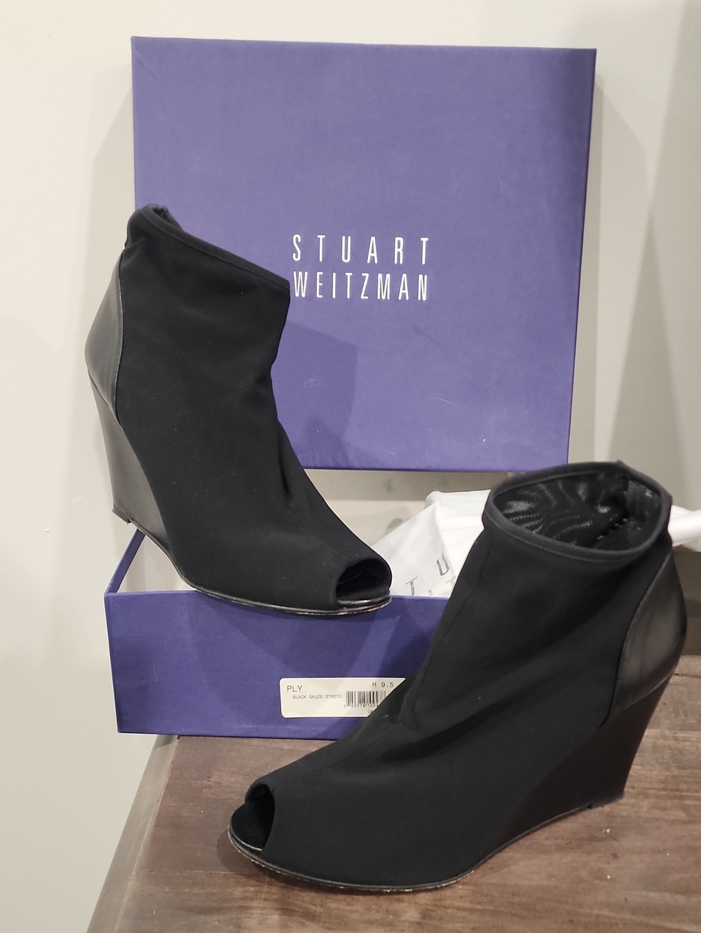 Stuart Weitzman Black Peep-Toe Wedge Booties - Stretch Upper